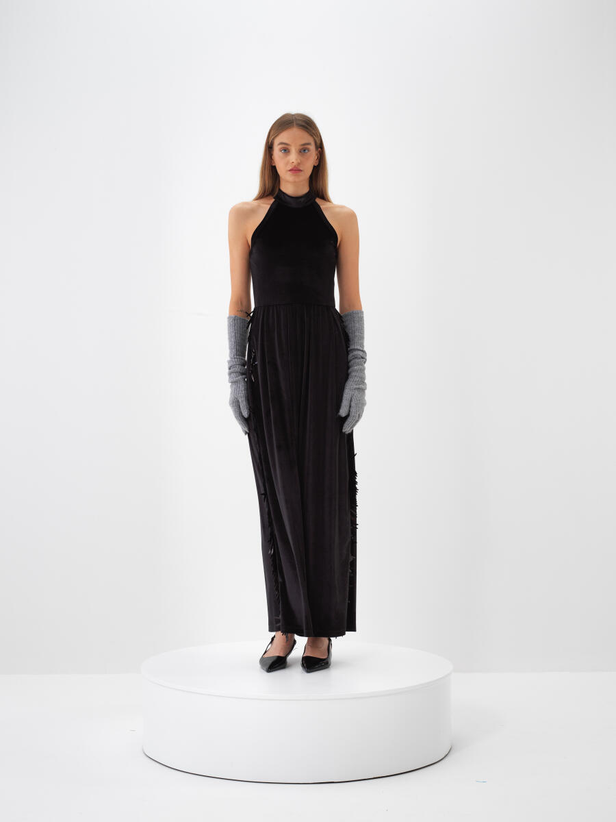 Siyah Lüks Dokulu Soft Kadife Oversize Elbise