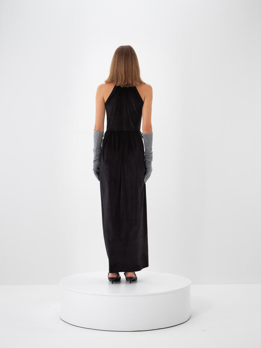 Siyah Lüks Dokulu Soft Kadife Oversize Elbise - 5