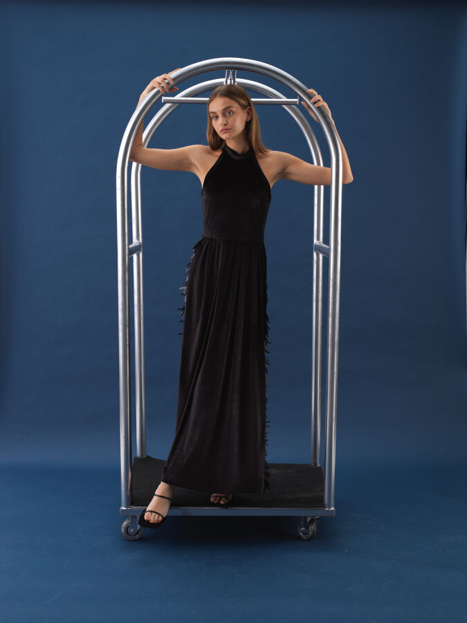 Siyah Lüks Dokulu Soft Kadife Oversize Elbise - Xint