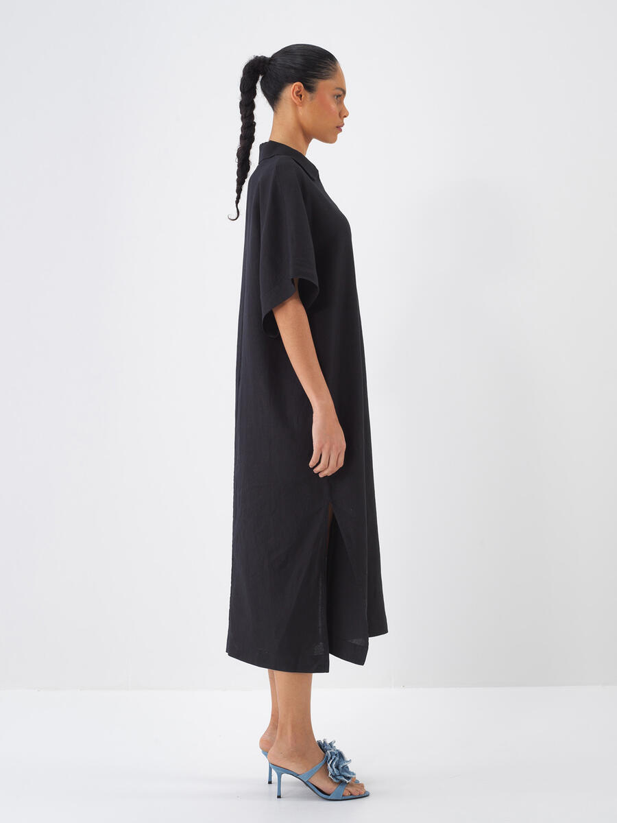 Siyah Oversize Keten Elbise - 2