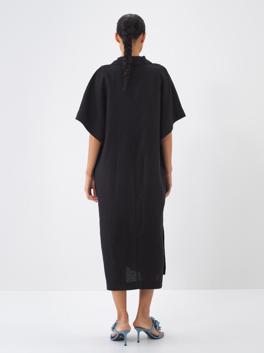 Siyah Oversize Keten Elbise - 4