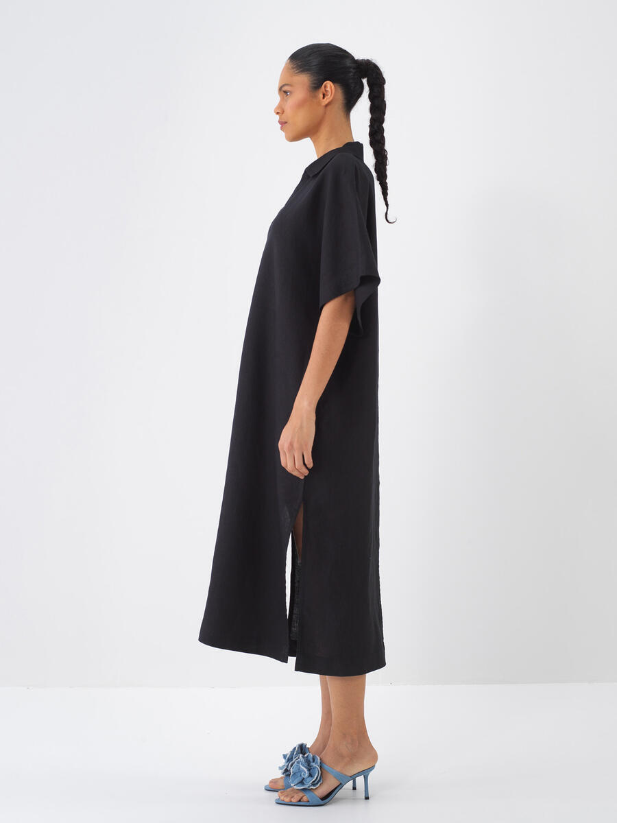 Siyah Oversize Keten Elbise - 3