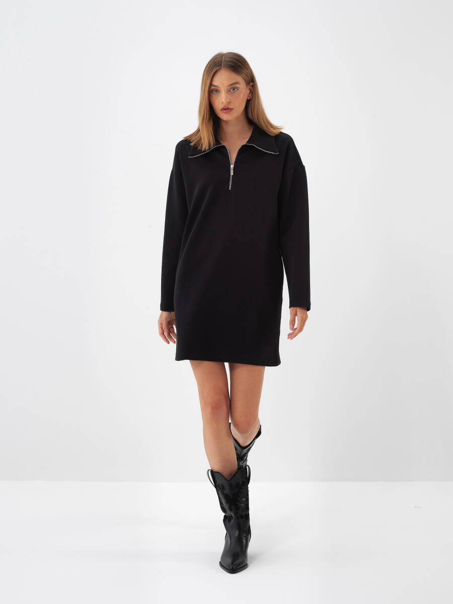 Siyah Pamuk Dokulu Oversize Elbise - 3