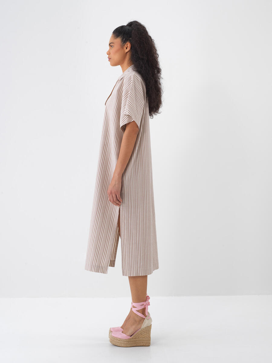 Taş Rengi Oversize Keten Polo Yaka Elbise - 8