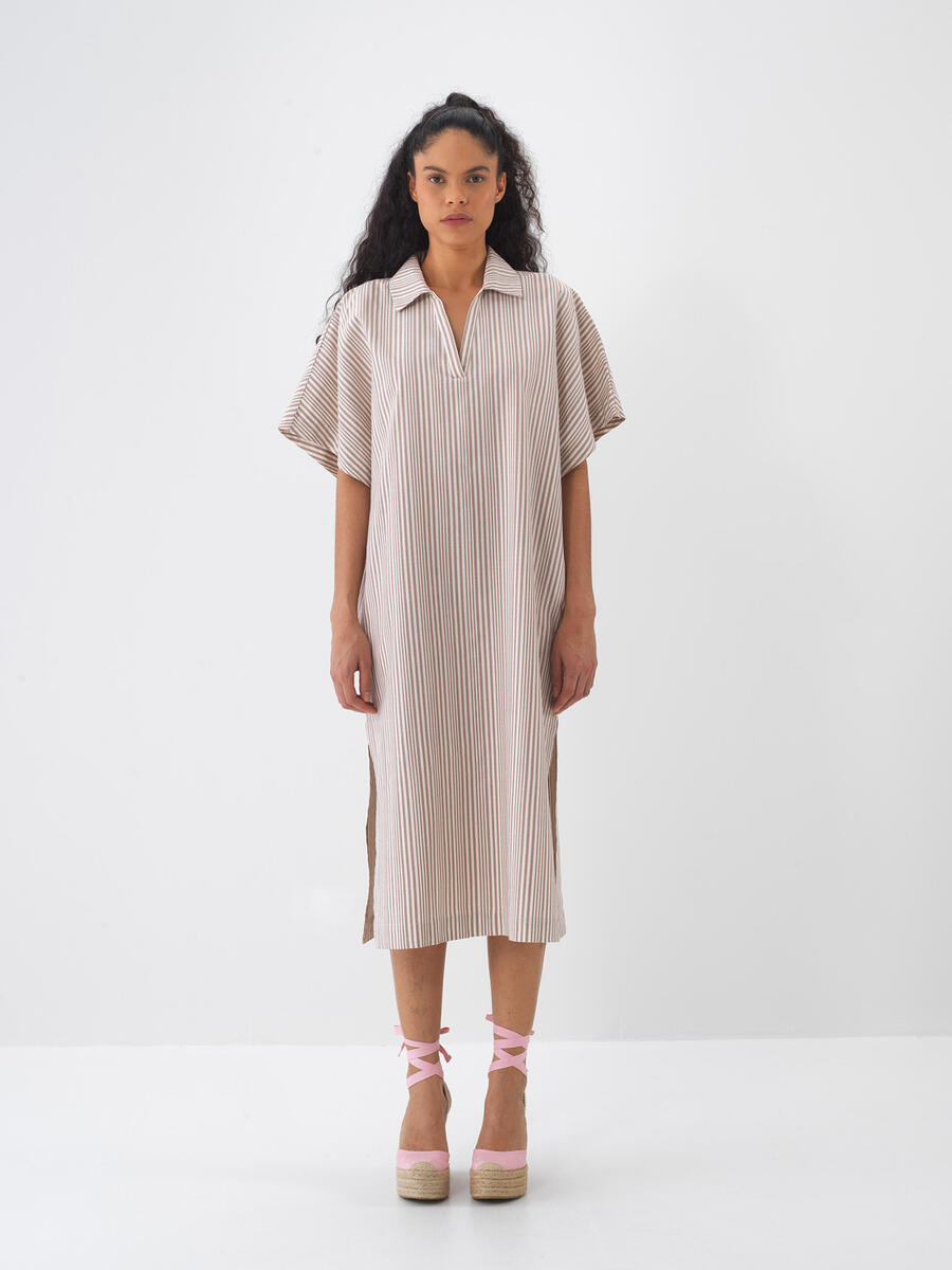 Taş Rengi Oversize Keten Polo Yaka Elbise - 5