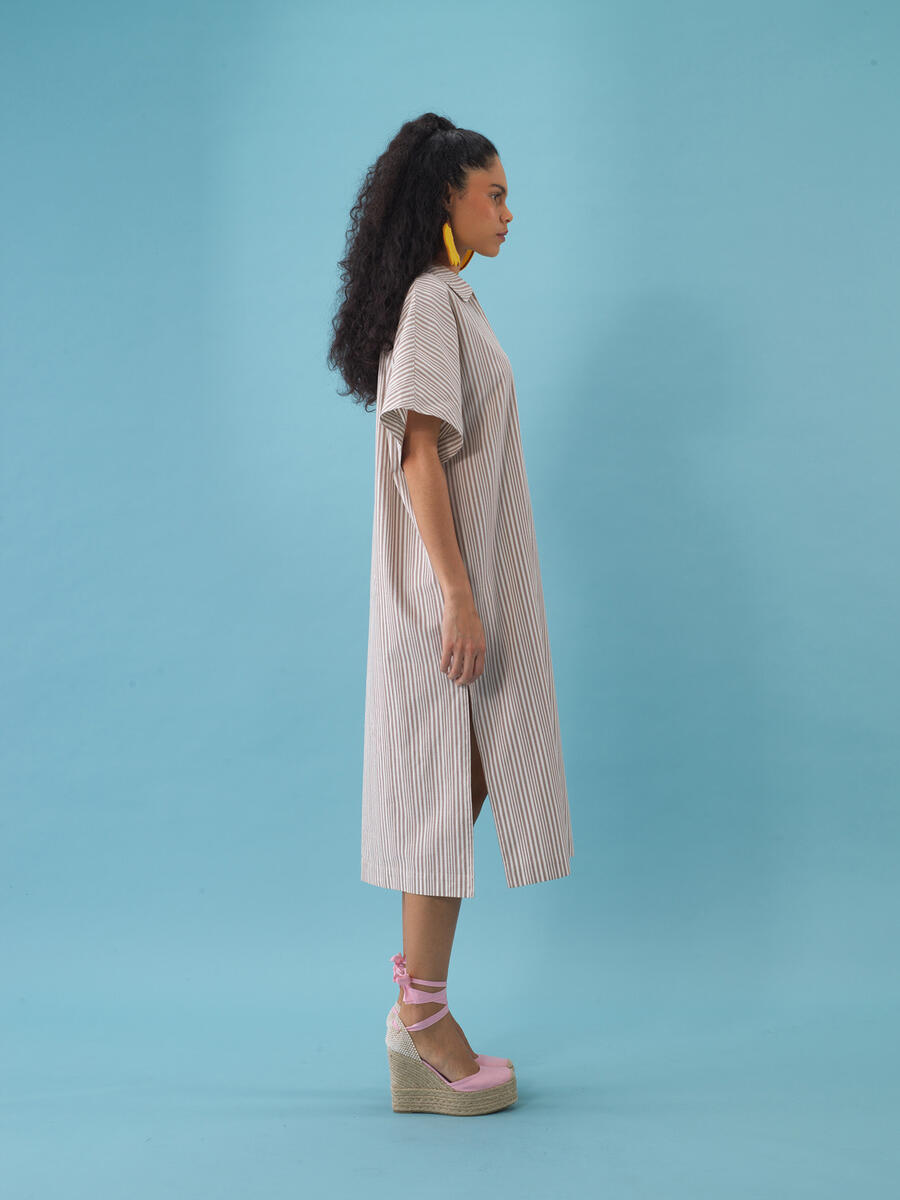 Taş Rengi Oversize Keten Polo Yaka Elbise - 2