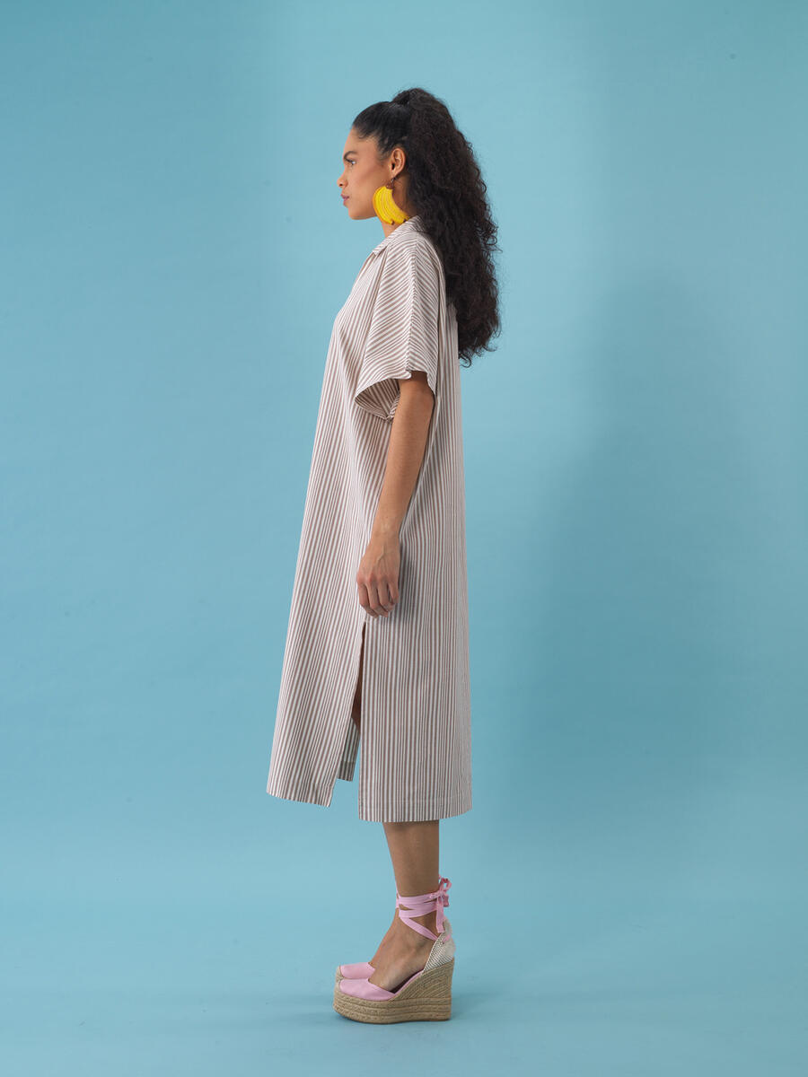 Taş Rengi Oversize Keten Polo Yaka Elbise - 3
