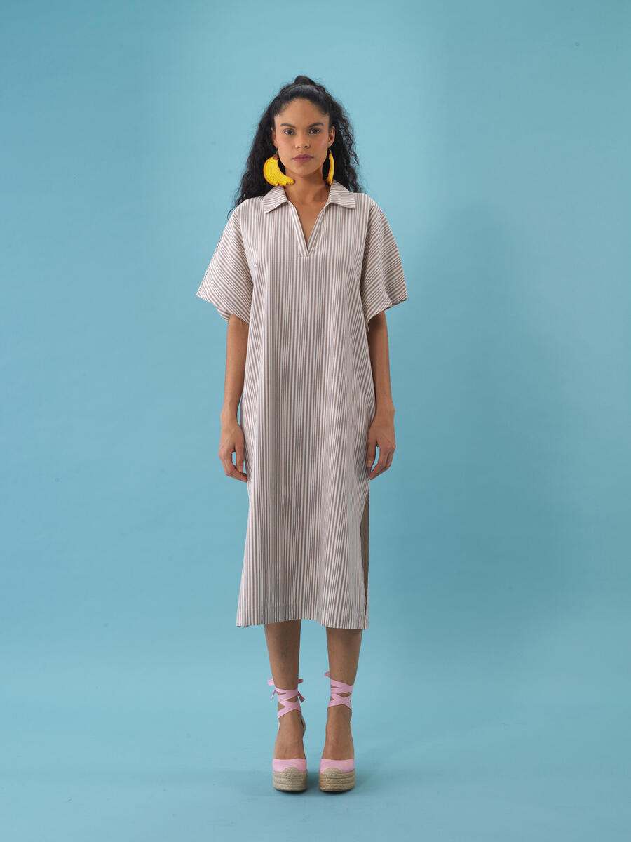 Taş Rengi Oversize Keten Polo Yaka Elbise
