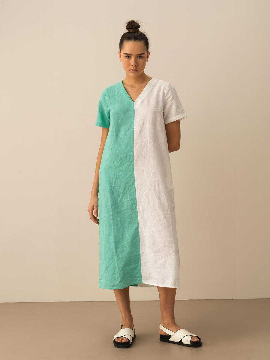 Turkuaz Regular Fit Keten Elbise