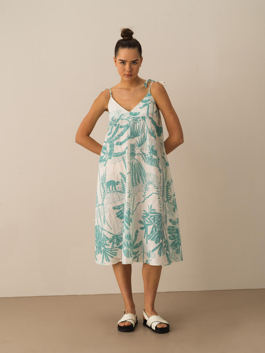 Turkuaz Regular Fit Keten Elbise