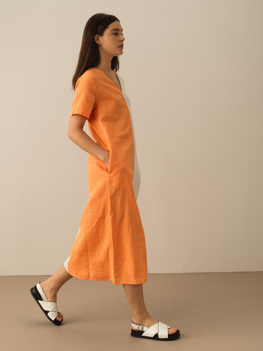 Turuncu Regular Fit Keten Elbise - 3