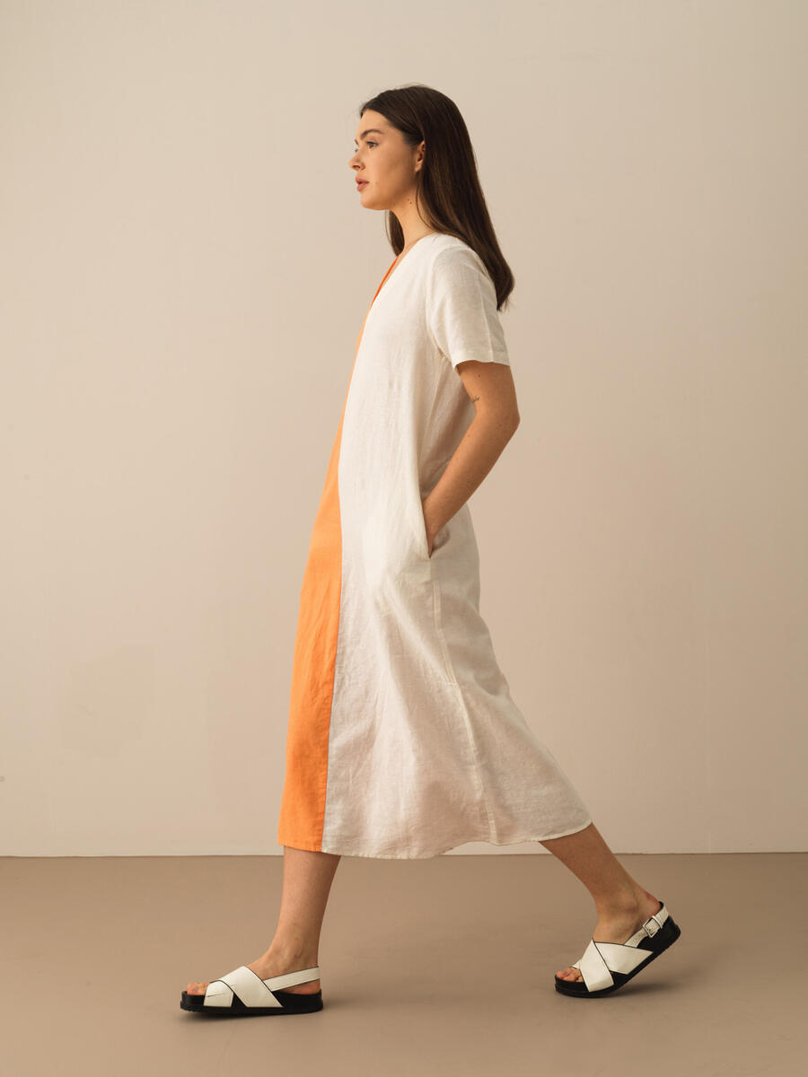 Turuncu Regular Fit Keten Elbise - 4