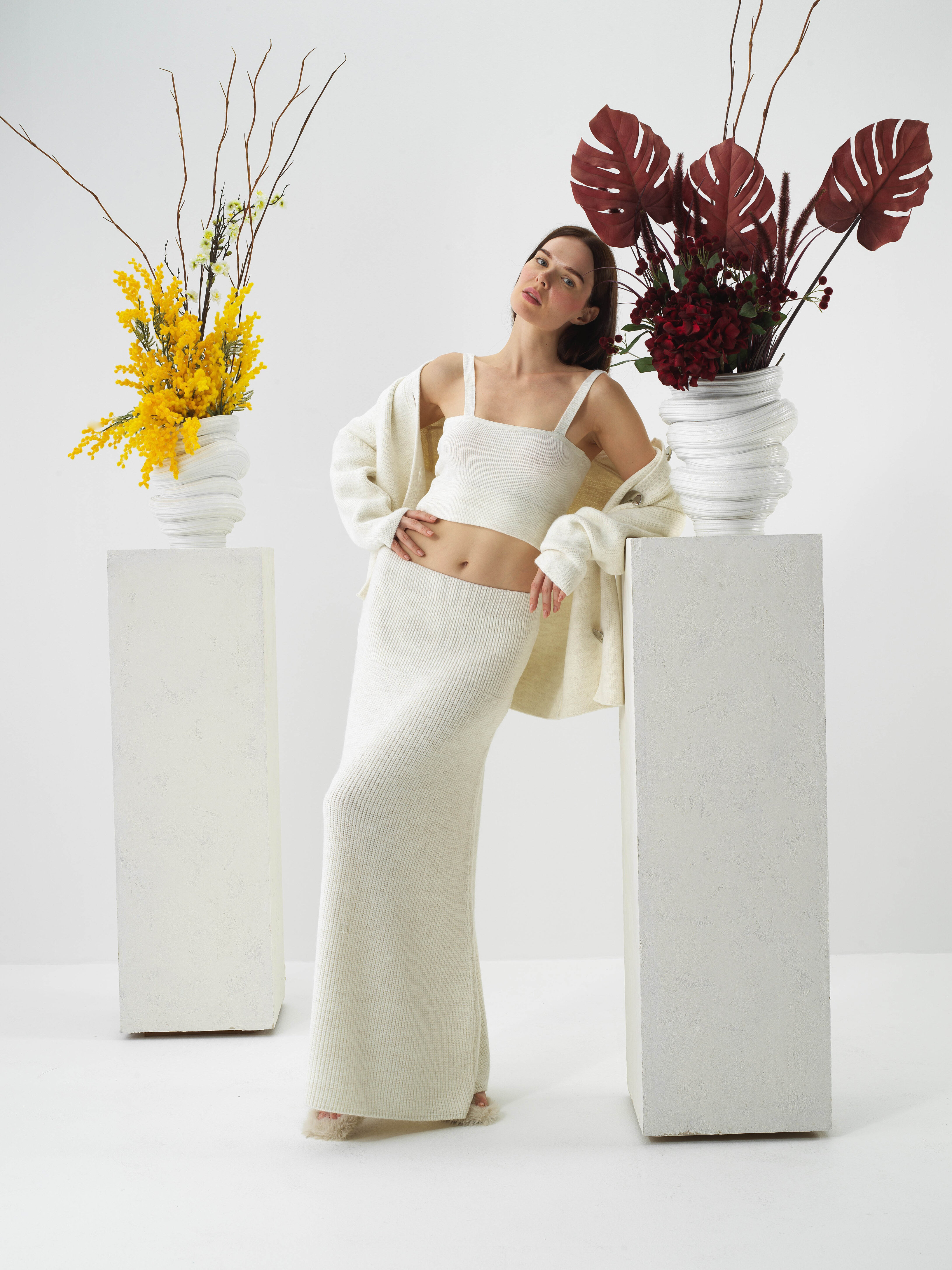 Ekru Doğal Yün Dokulu Oversize Etek - Xint