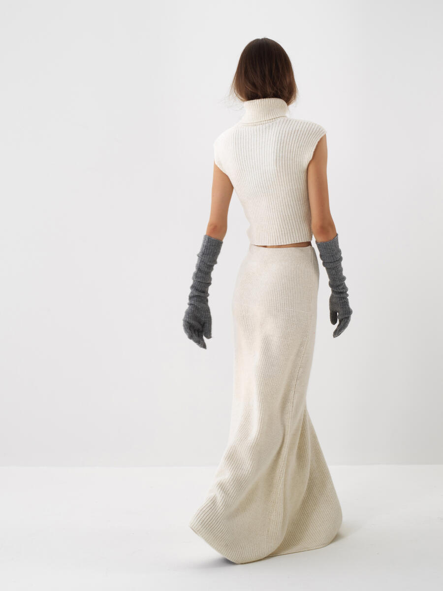 Ekru Doğal Yün Dokulu Regular Fit Etek - 4