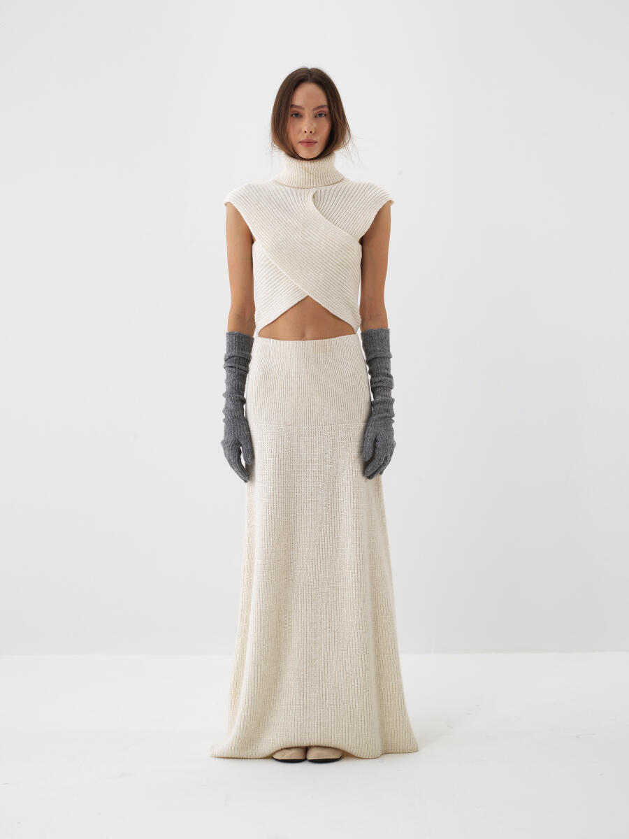 Ekru Doğal Yün Dokulu Regular Fit Etek - 2