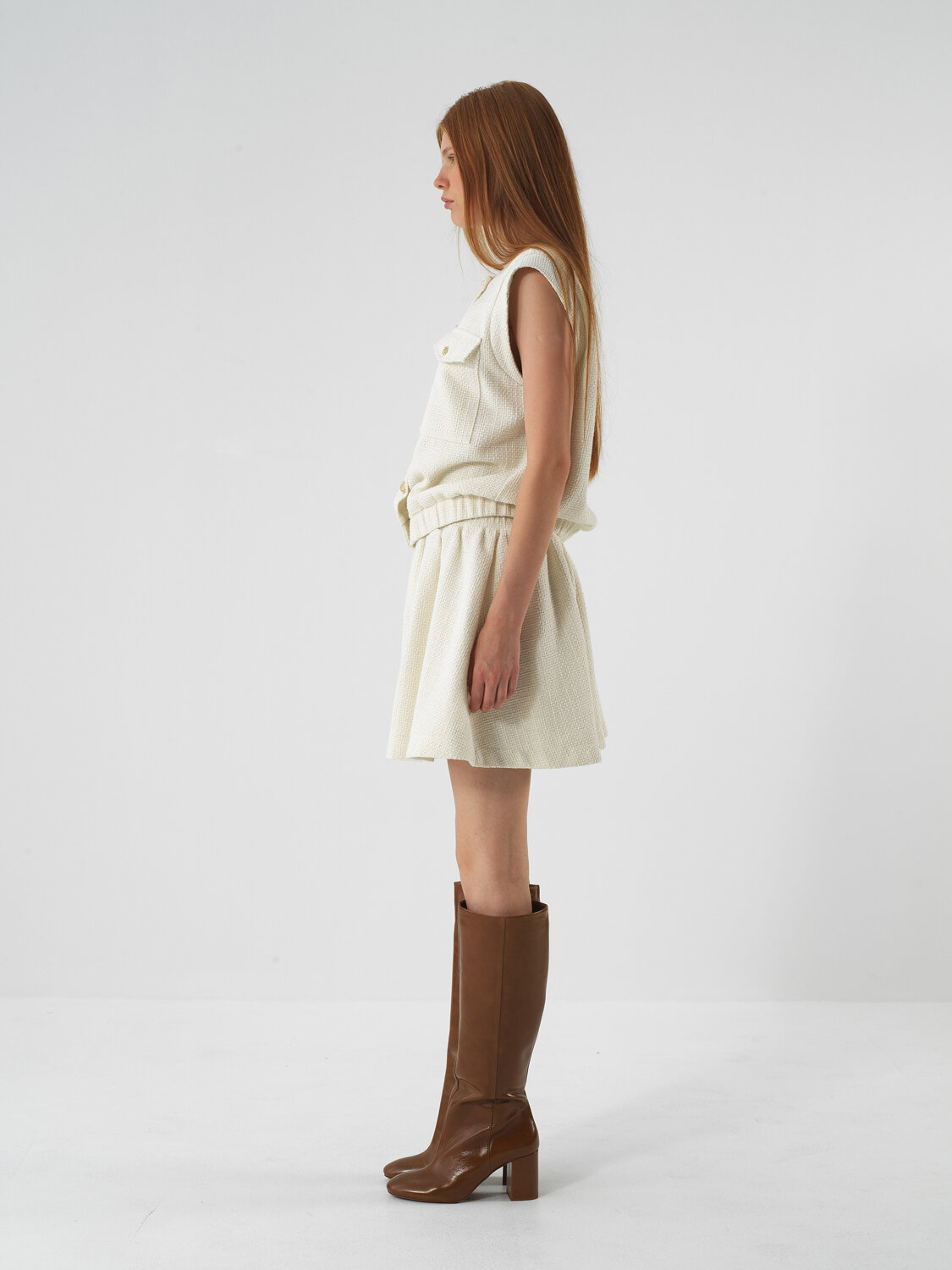 Ekru Işıltılı Lurex Detaylı Oversize Etek - Xint