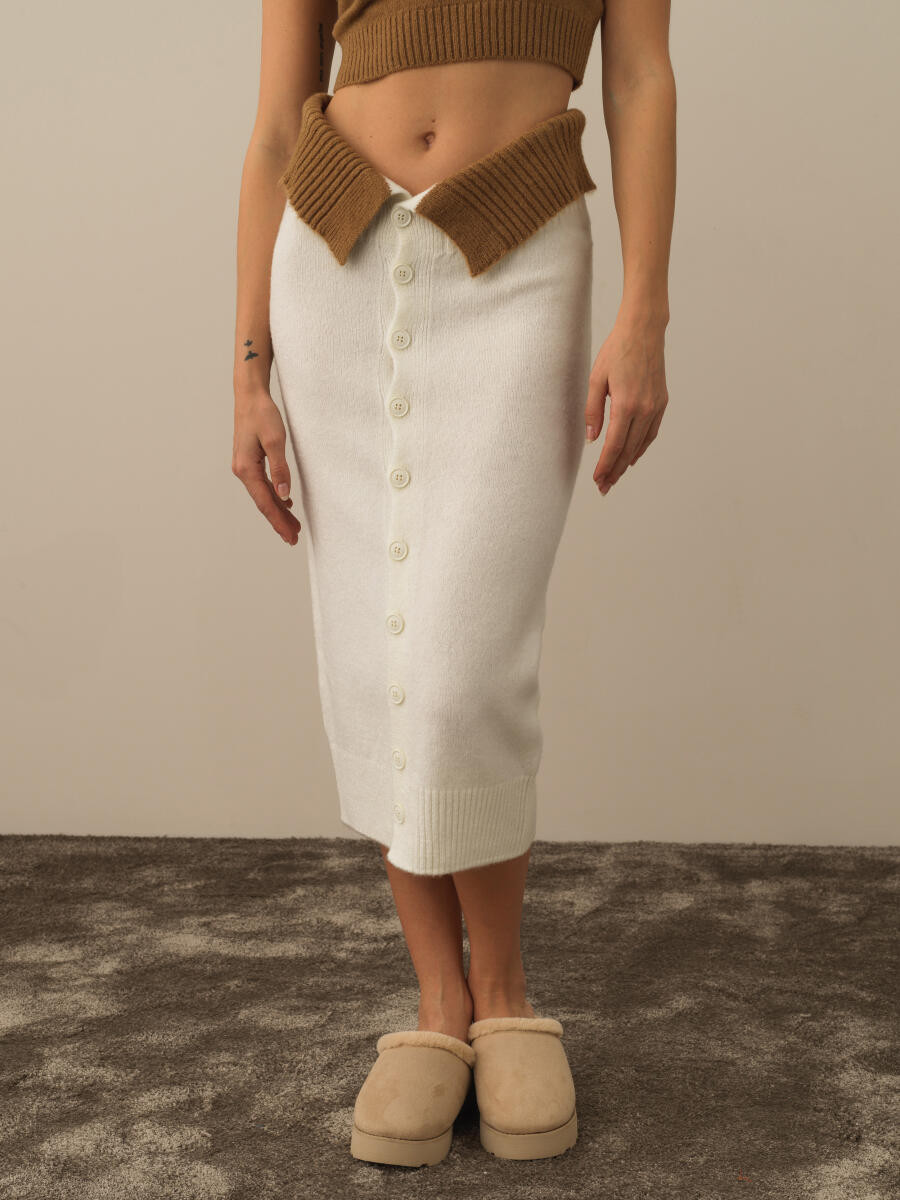 Kırık Beyaz Lüks Pamuk Dokulu Oversize Etek - 2