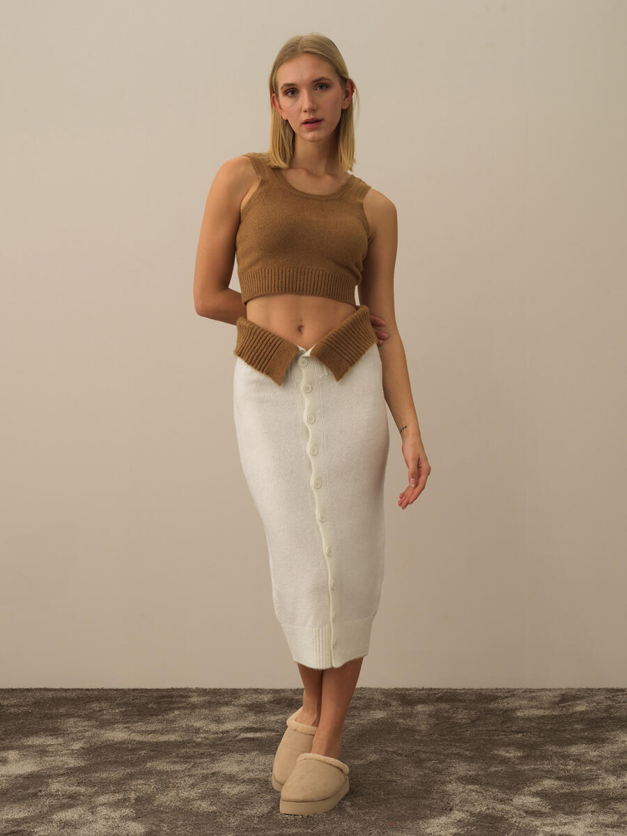 Kırık Beyaz Lüks Pamuk Dokulu Oversize Etek