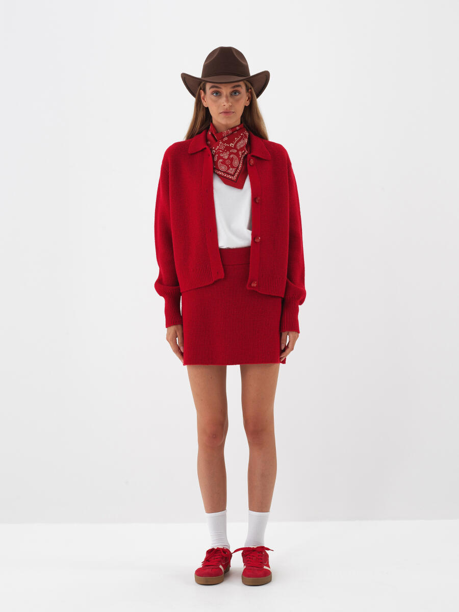 Kırmızı Doğal Yün Dokulu Regular Fit Etek - 2