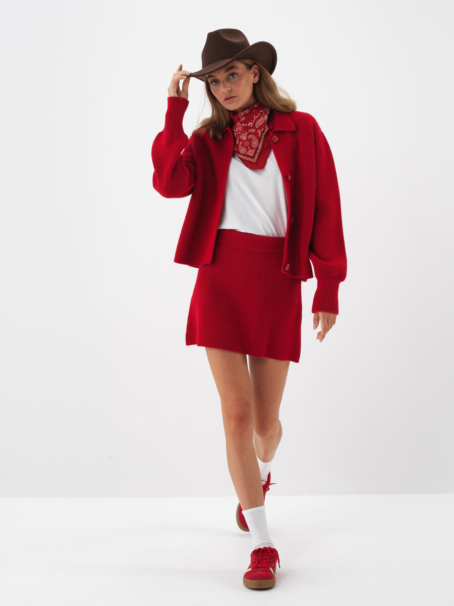 Kırmızı Doğal Yün Dokulu Regular Fit Etek - 3