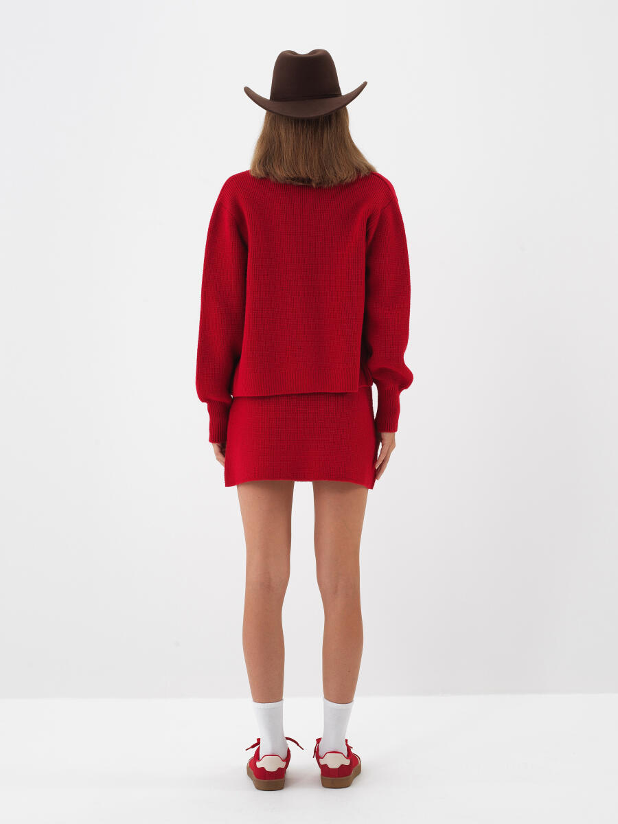 Kırmızı Doğal Yün Dokulu Regular Fit Etek - 5