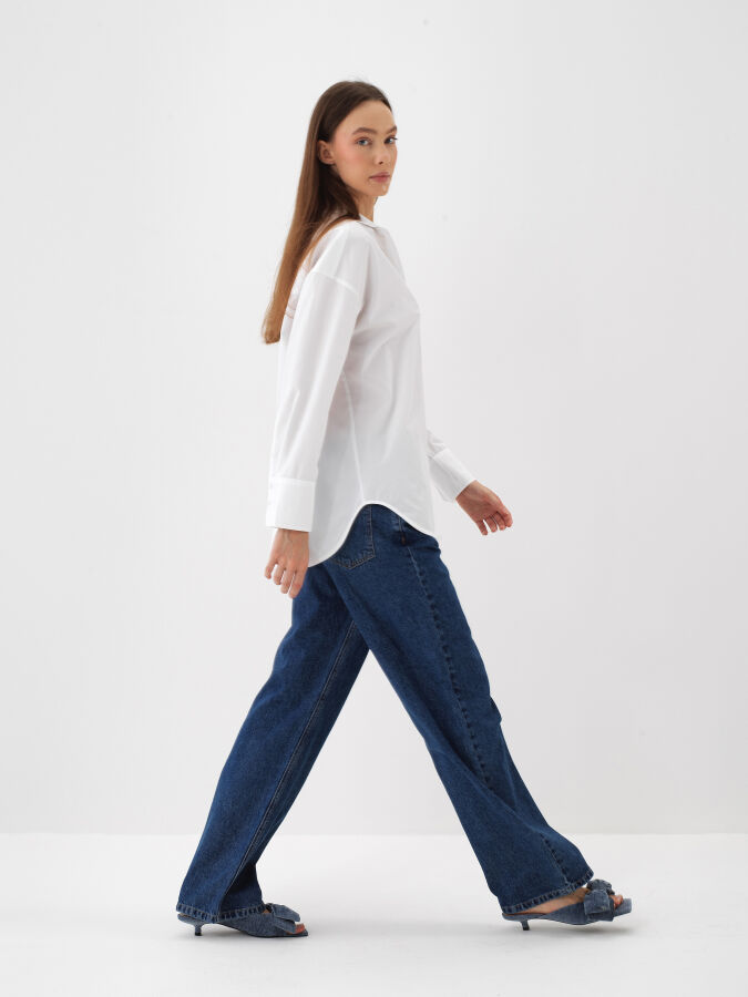 Beyaz Pamuk Dokulu Oversize Gömlek - Xint