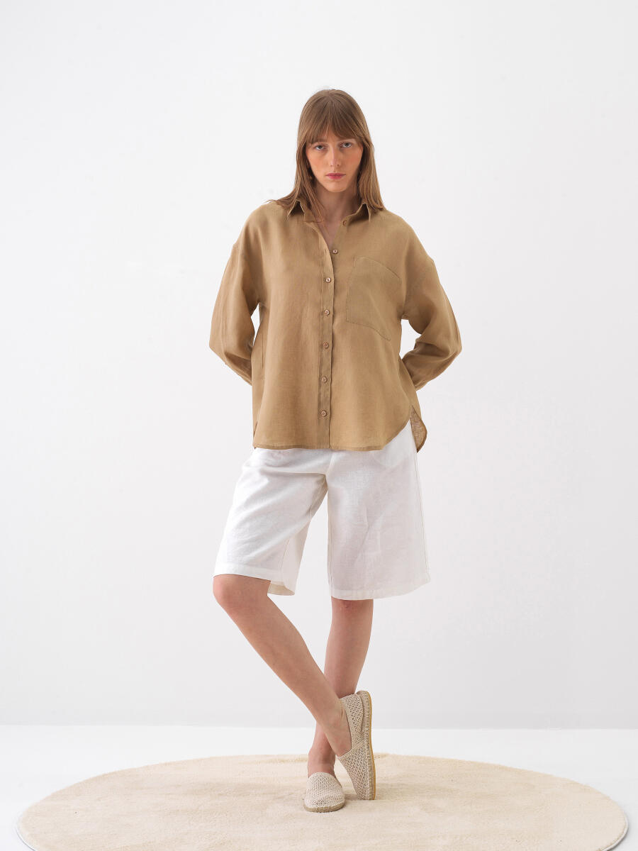 Camel Oversize Keten Basic Gömlek - 2