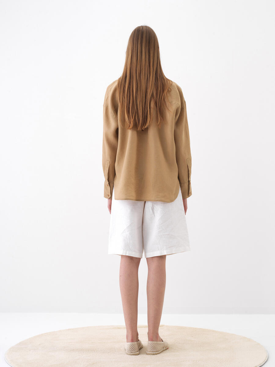 Camel Oversize Keten Basic Gömlek - 4