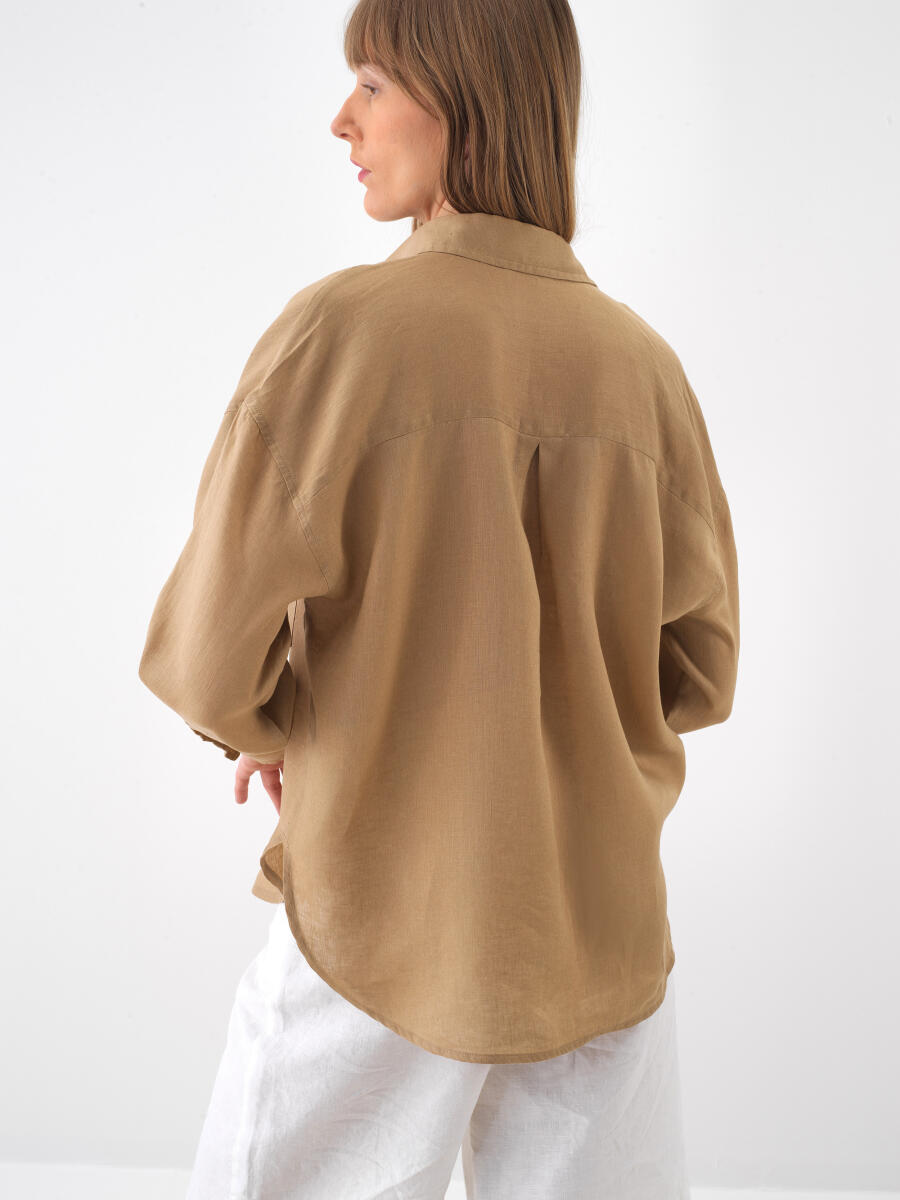 Camel Oversize Keten Basic Gömlek - 3