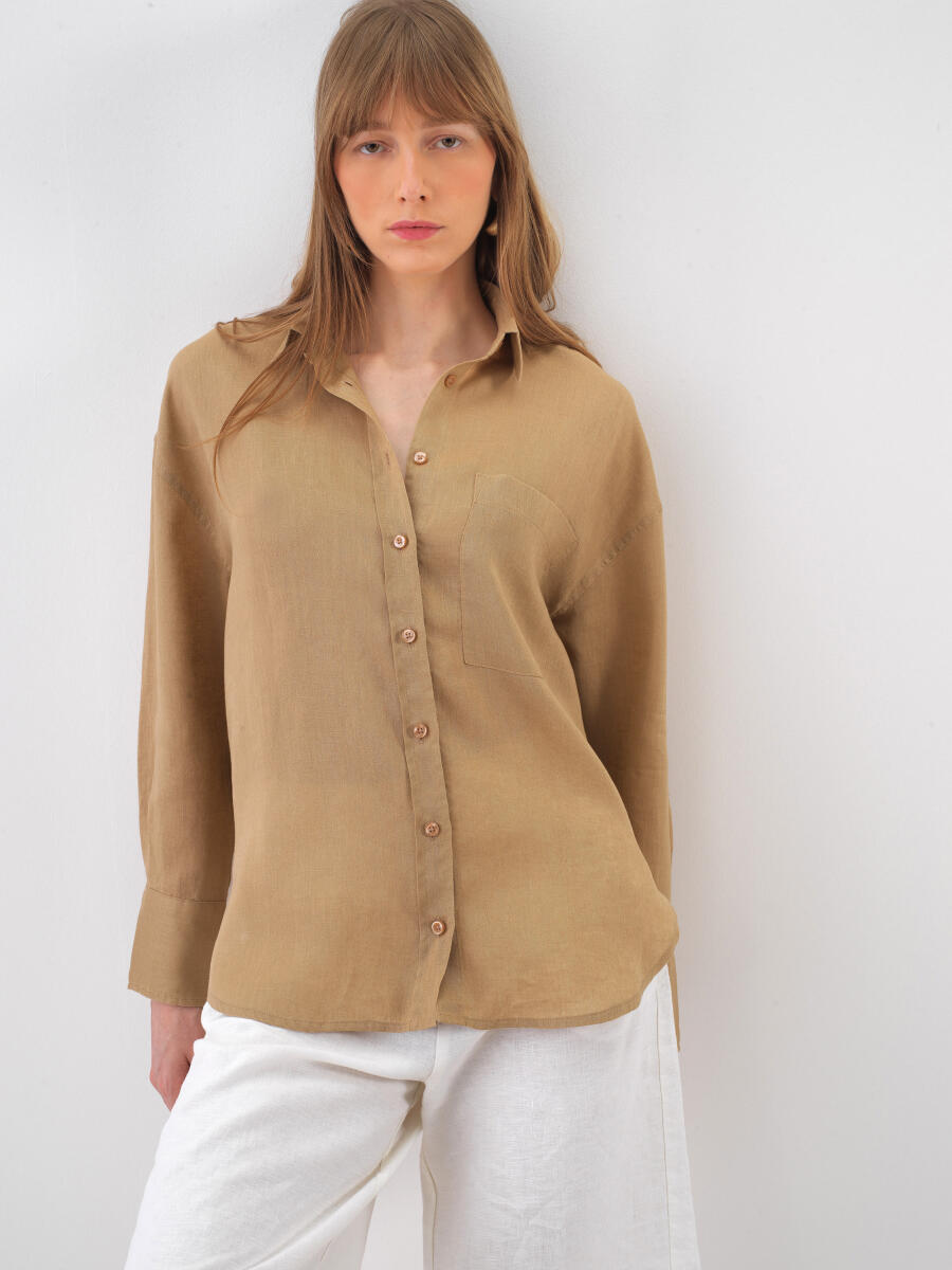 Camel Oversize Keten Basic Gömlek