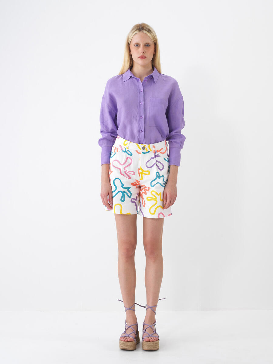 Lila Oversize Keten Gömlek - 2