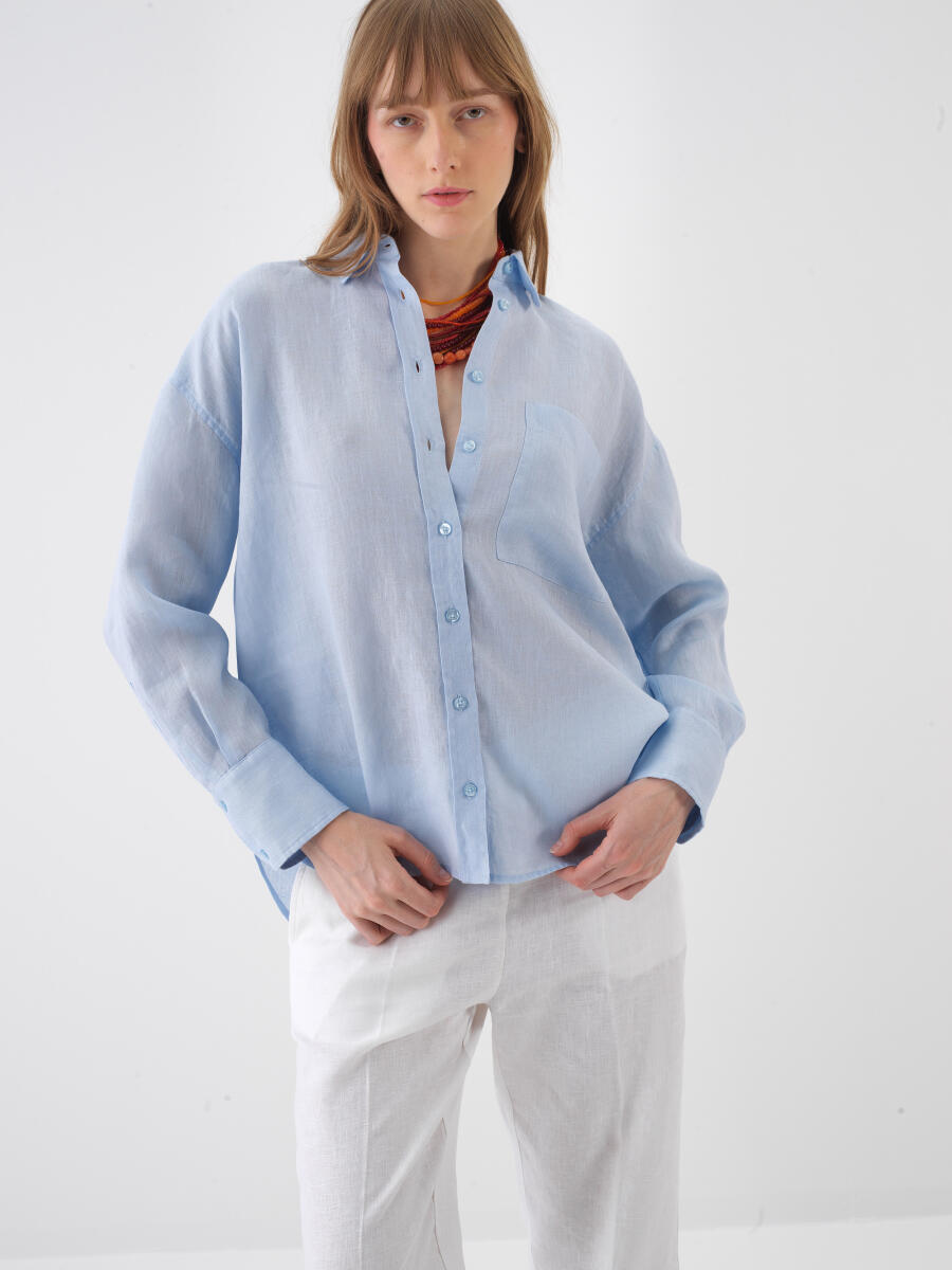 Mavi Oversize Keten Basic Gömlek