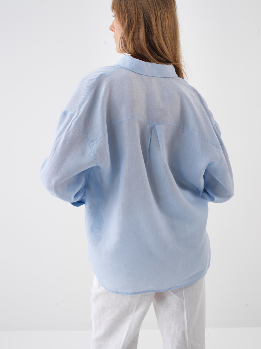 Mavi Oversize Keten Basic Gömlek - 5
