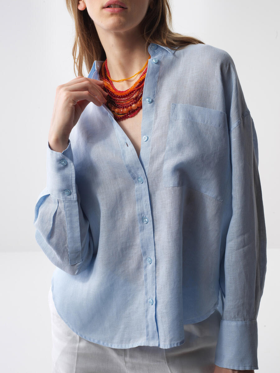 Mavi Oversize Keten Basic Gömlek - 3