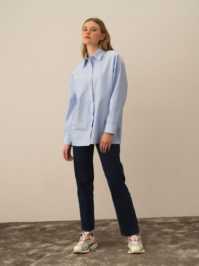 Mavi Pamuk Dokulu Oversize Gömlek - Xint