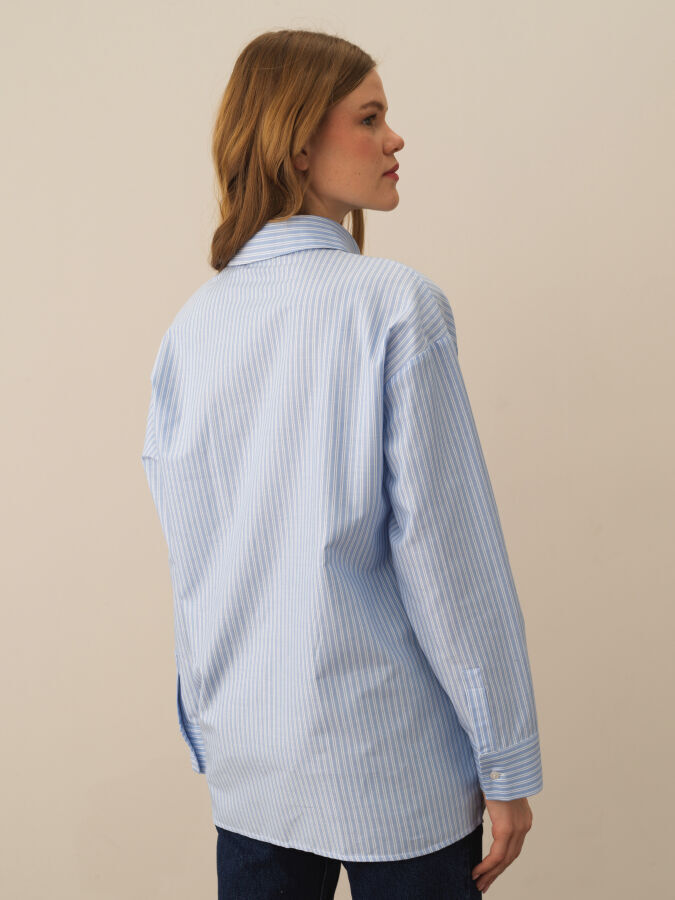 Mavi Pamuk Dokulu Oversize Gömlek - Xint