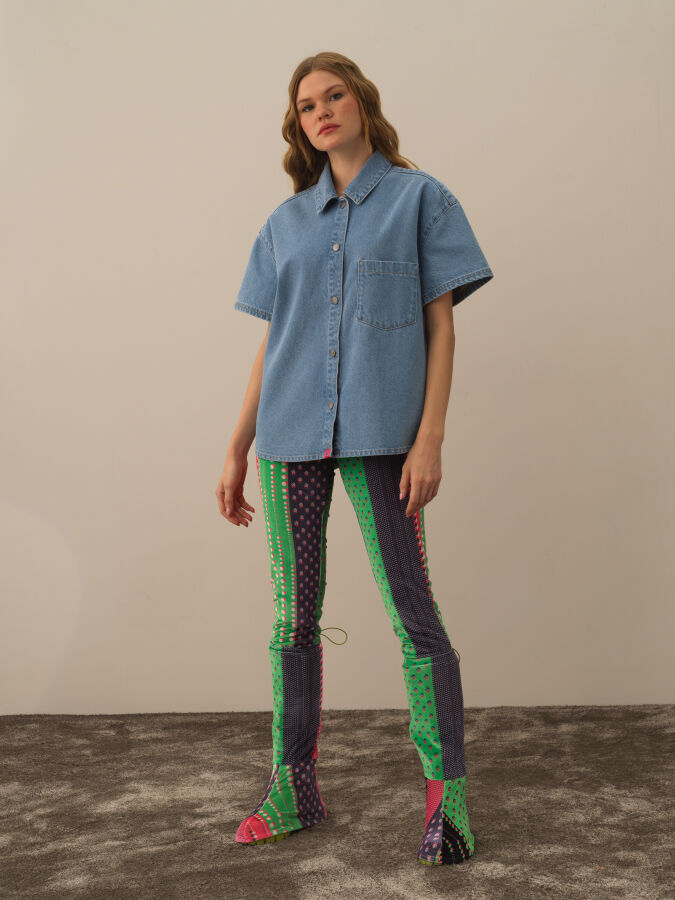 Mavi Pamuk Dokulu Oversize Gömlek - Xint