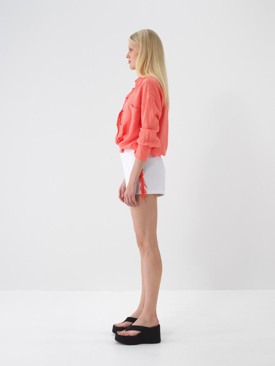 Nar Çiçeği Oversize Keten Gömlek - 4