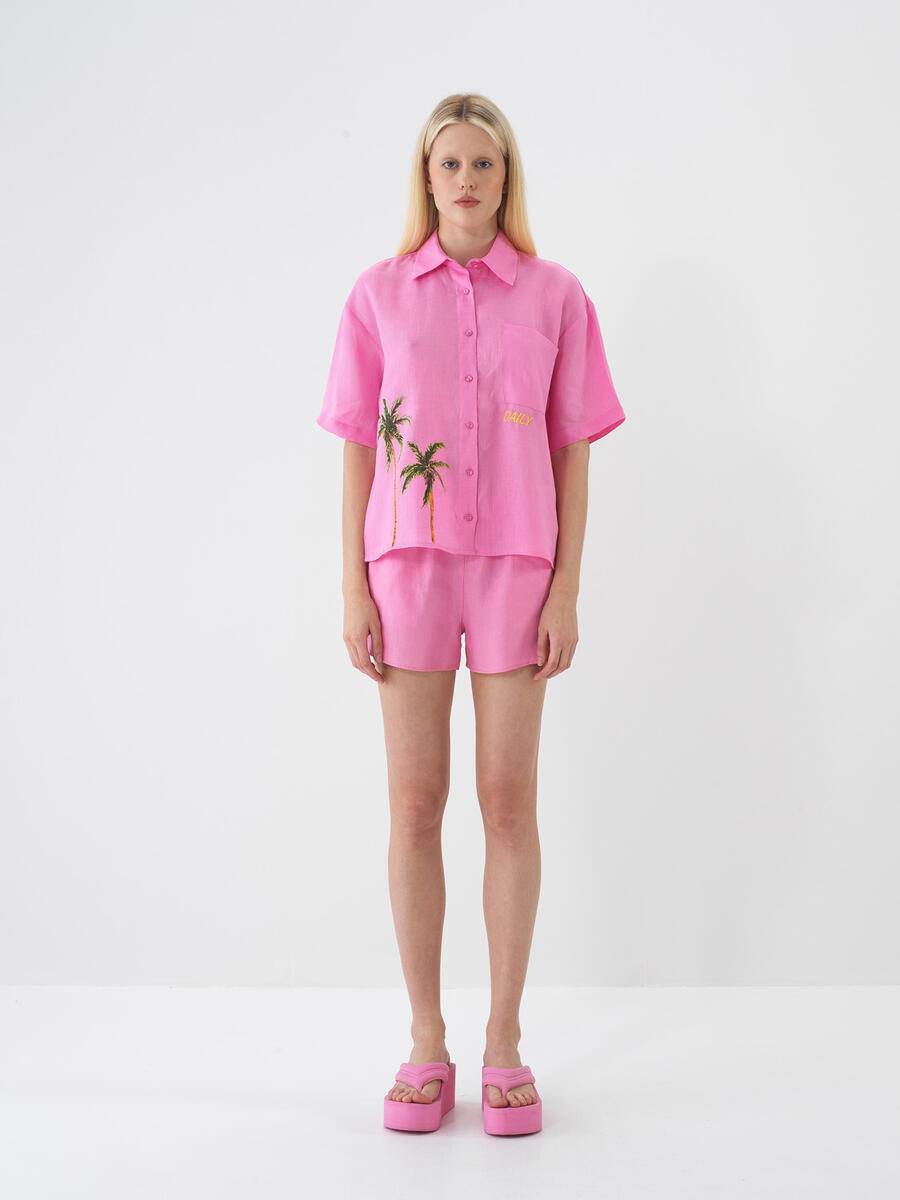 Pembe Oversize Keten Gömlek - 2