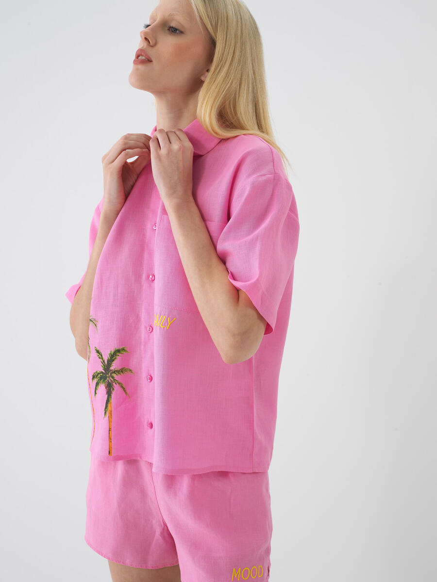 Pembe Oversize Keten Gömlek