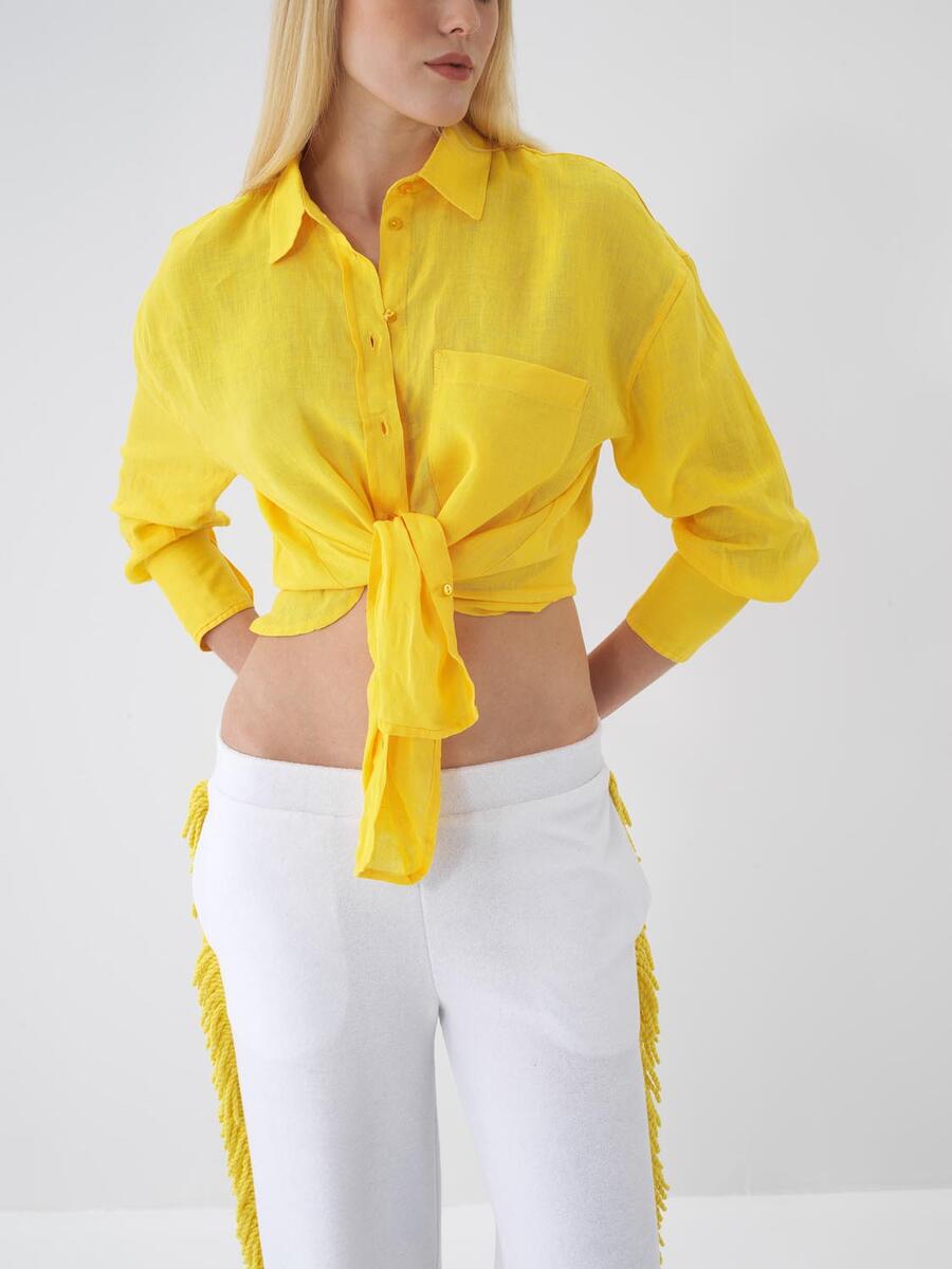 Sarı Oversize Keten Gömlek