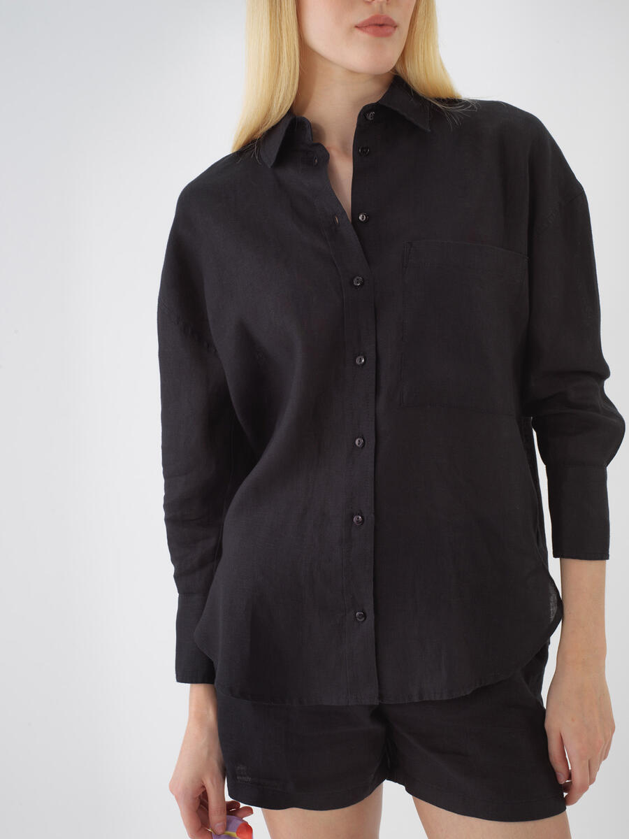 Siyah Oversize Keten Gömlek