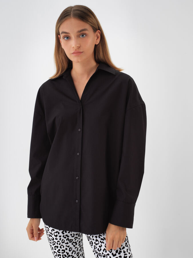 Siyah Pamuk Dokulu Oversize Gömlek - Xint