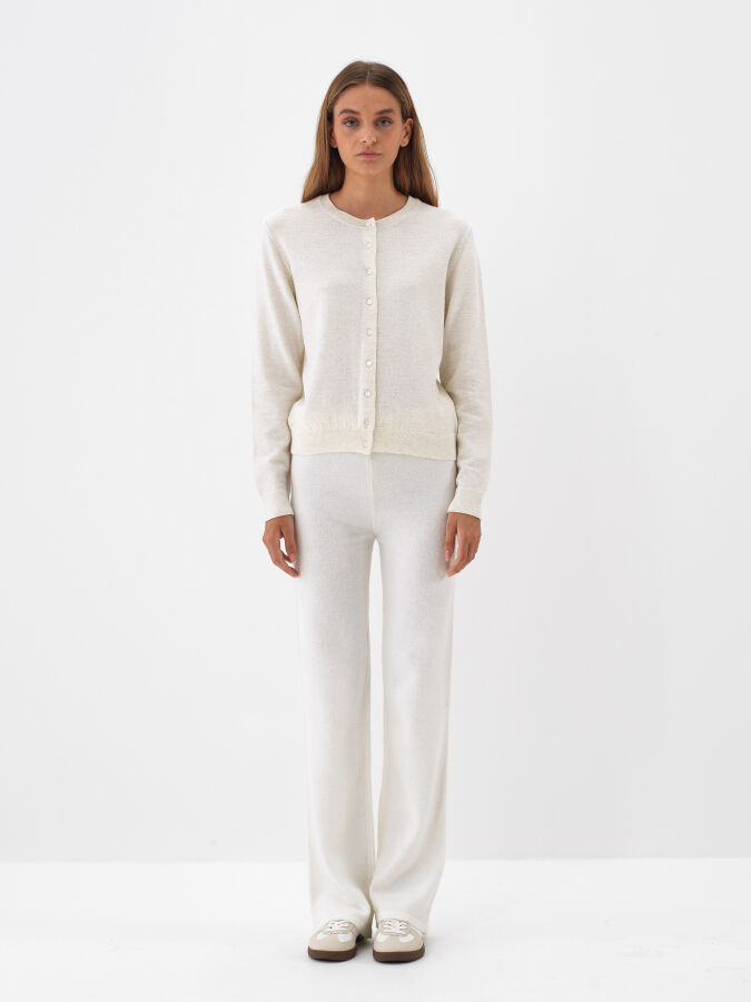 Ekru Doğal Yün Dokulu Regular Fit Hırka - Xint