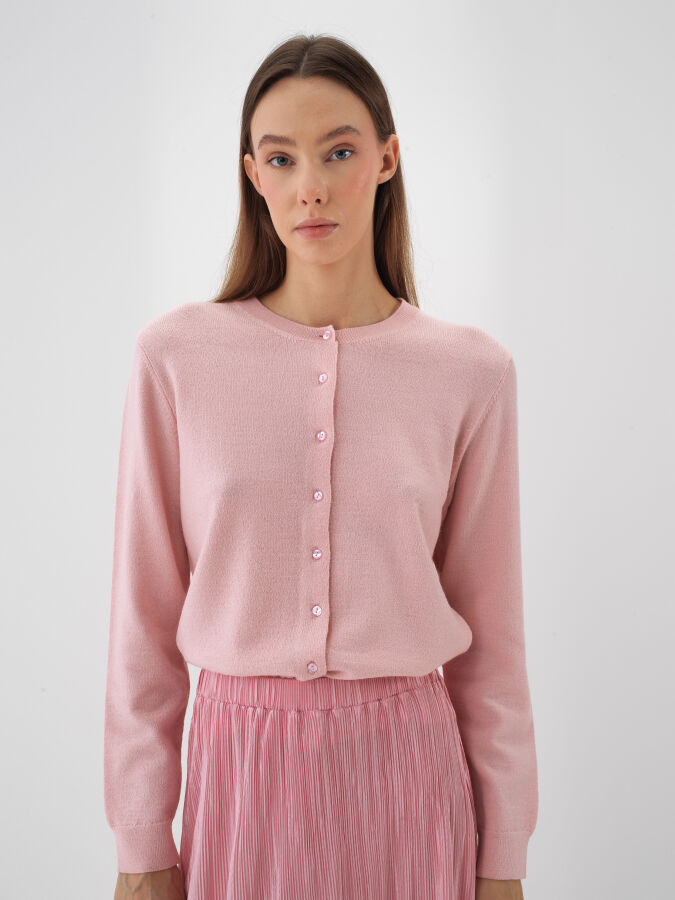 Pembe Doğal Yün Dokulu Regular Fit Hırka - Xint