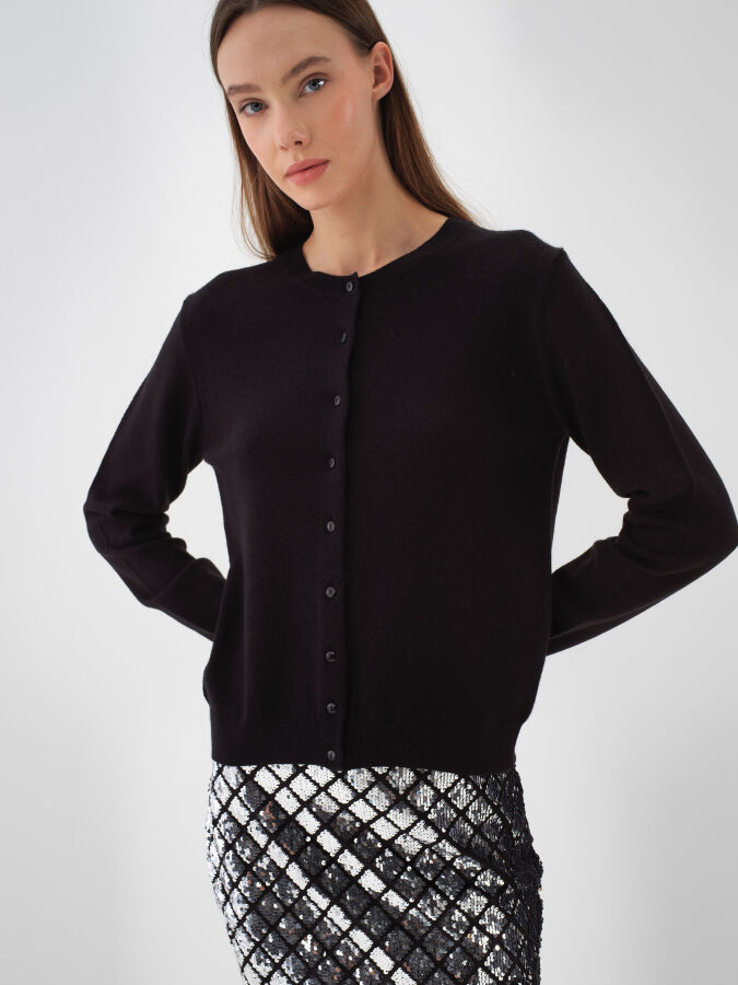 Siyah Doğal Yün Dokulu Regular Fit Hırka - Xint