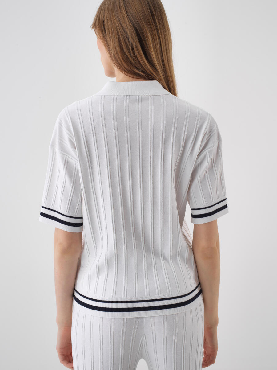 Beyaz Oversize Polo Yaka Kazak - 4