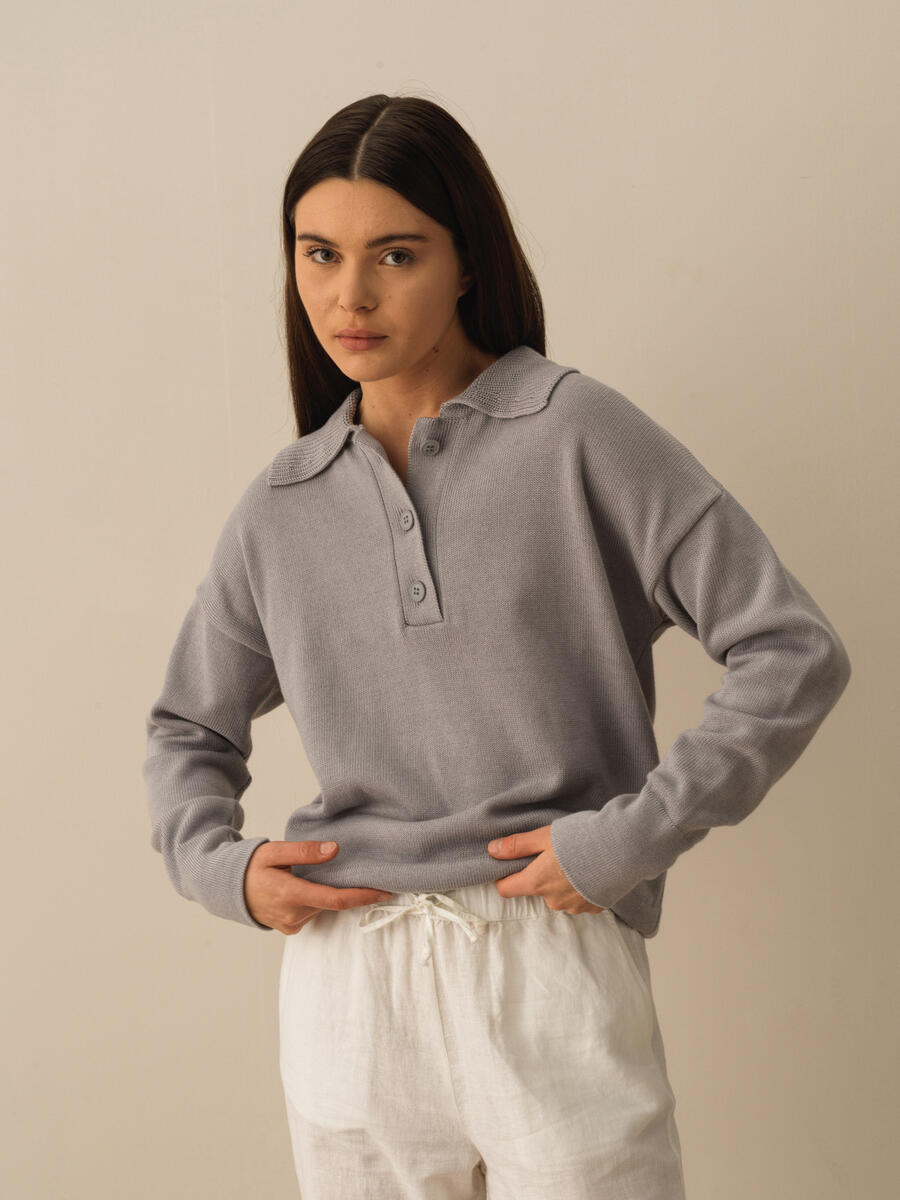 Gri Regular Fit Pamuklu Polo Yaka Kazak
