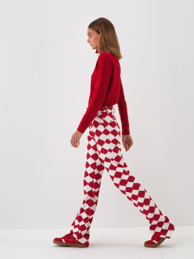 Kırmızı Doğal Yün Dokulu Slim Fit Kazak - Xint