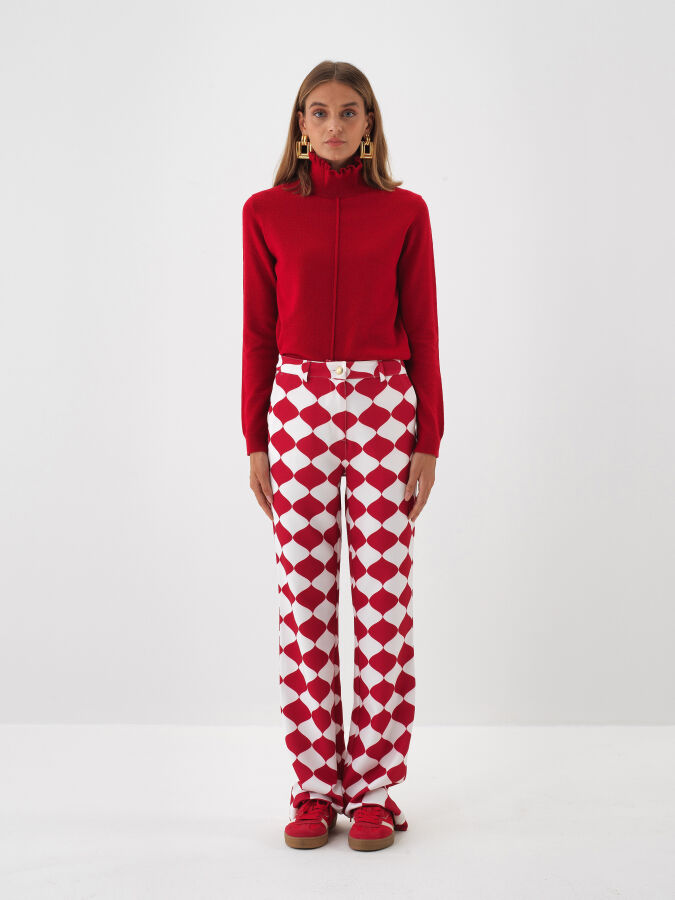 Kırmızı Doğal Yün Dokulu Slim Fit Kazak - Xint